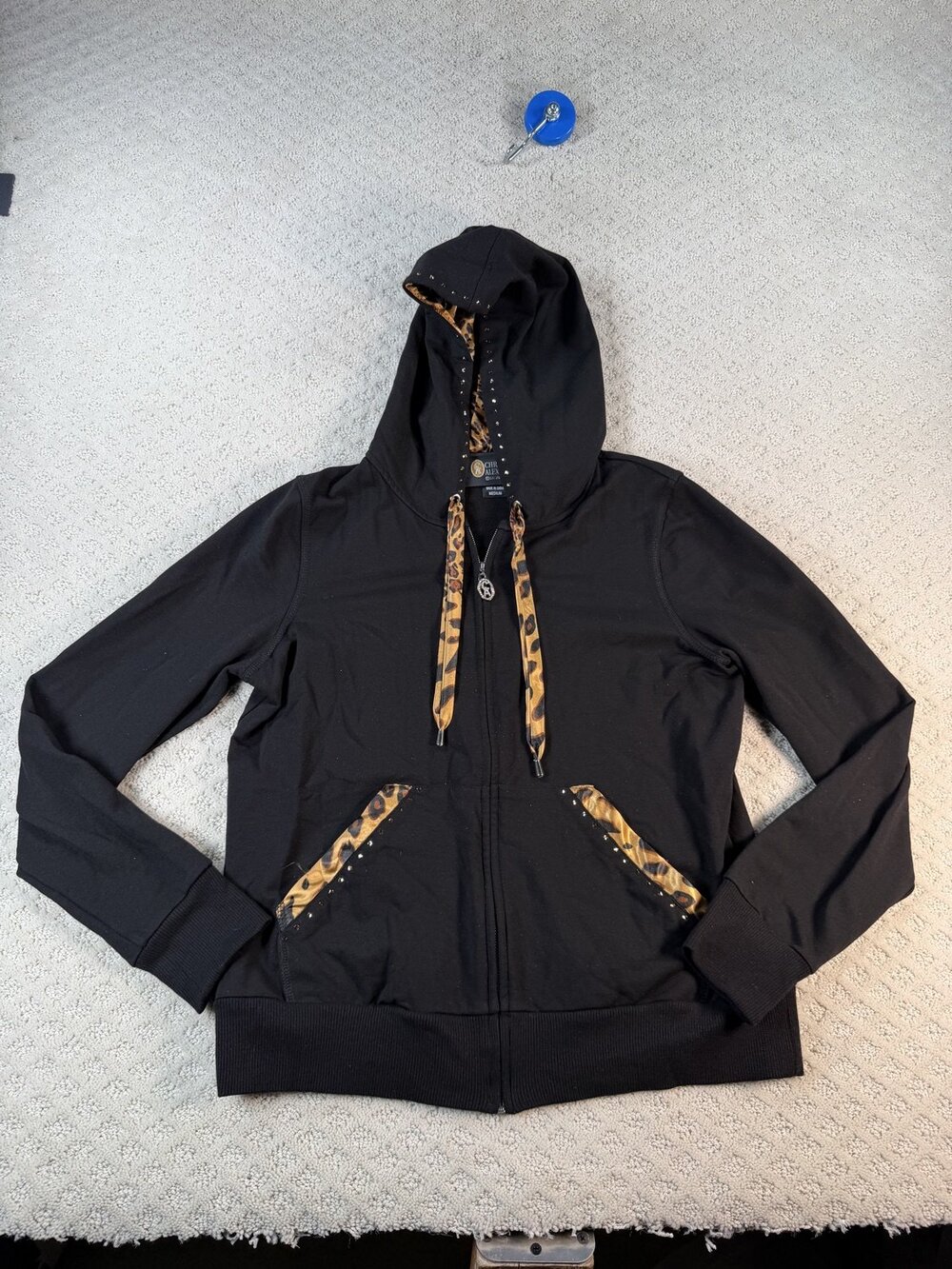 Christine Alexander Hoodie Womens Black Zip Long Sleeve Rhinestone Hooded Size M